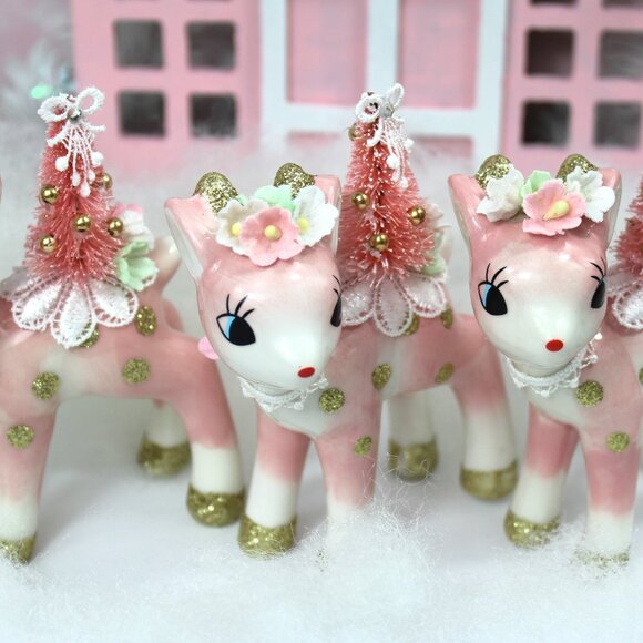 Pink Deer & Bottle Brush Tree Figurine: Vintage Style Christmas Decor - Picture 3 of 10